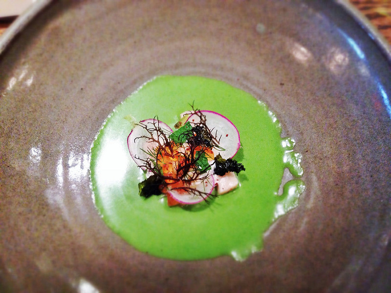 Green gazpacho, creme fraiche, kale, pickled mushrooms, trout roe