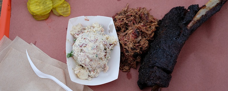 Lunch at la Barbecue: Beef rib, chopped brisket, potato salad with bacon, pickles Lunch at la Barbecue: Beef rib, chopped brisket, potato salad with bacon, pickles