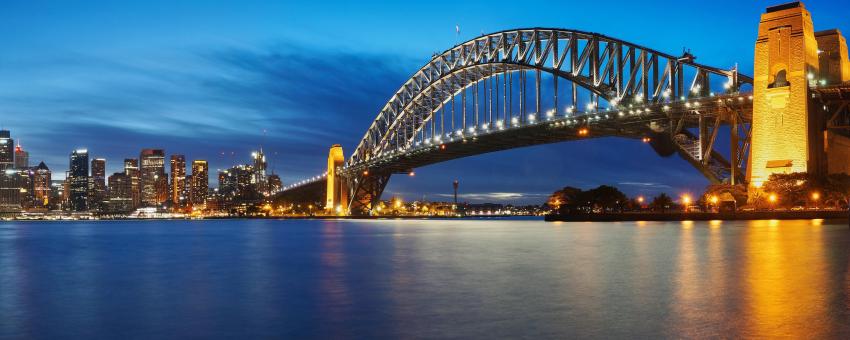 Sydney Harbour bridge, CBD and opera house after sunset, Sydney, Australia