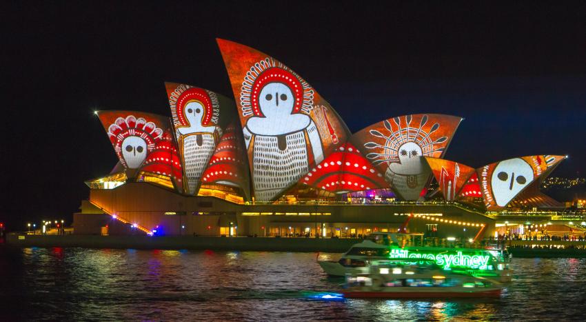 Aboriginal art projected onto the sails of the Sydney Opera House