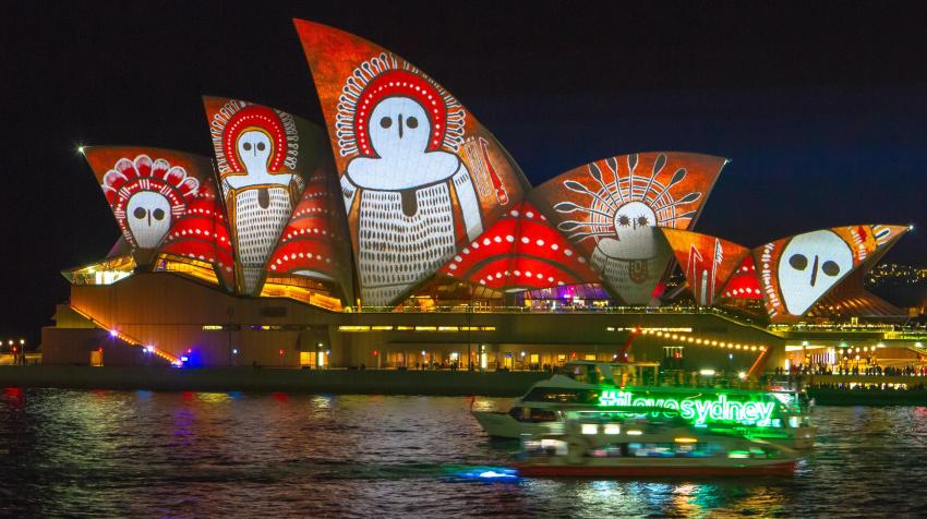 Aboriginal art projected onto the sails of the Sydney Opera House