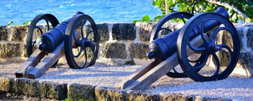 Historial site, canons in St Lucy, Barbados. Overlooking the Atlantic Ocean at the northern most point in this caribbean island