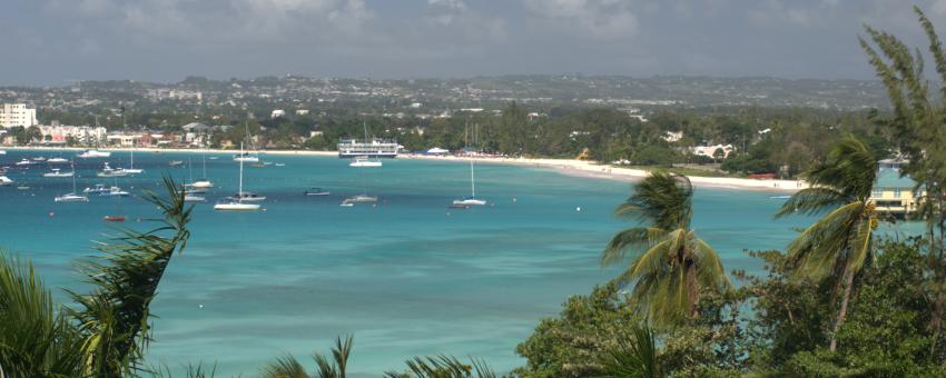 Carlilse Bay, Barbados, with Bridgetown to the left and the pier of Barbados Yacht Club visible through the trees to the right