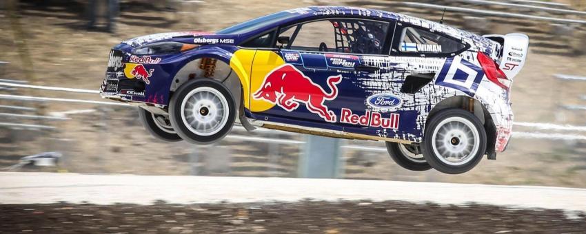 Joni Wiman in his Ford Fiesta ST Supercar. Round 1 of the 2014 Global RallyCross Championship at Bushy Park Circuit, Barbados.