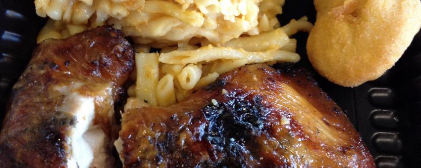 Jerk chicken and Macaroni pie - Barbados airport