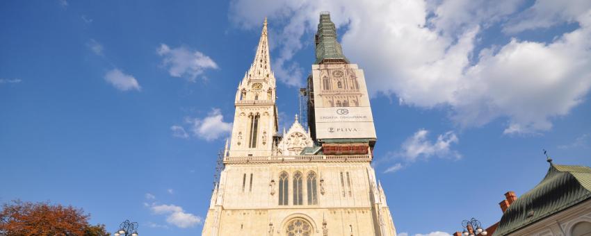 The Zagreb Cathedral being restored, the spires are 108m. high The Zagreb Cathedral being restored, the spires are 108m. high