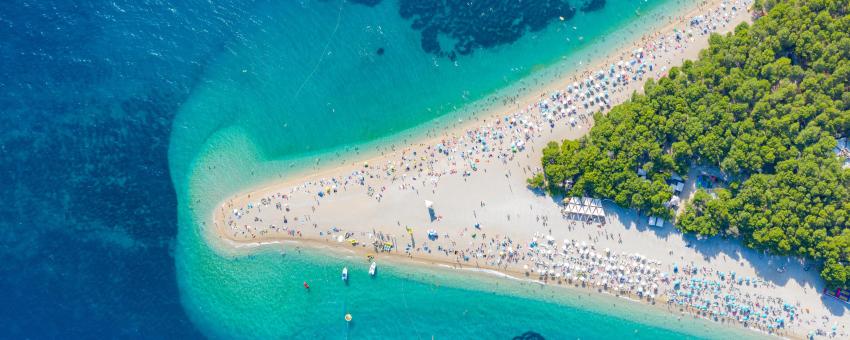 Top-down view of Zlatni rat Beach in Bol, Croatia