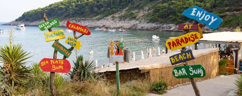 Beach bars at Sunj Beach on Lopud Island, Croatia