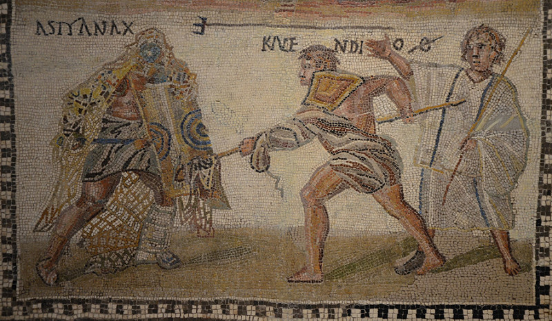 Mosaic  showing a retiarius (net-fighter) named Kalendio fighting a secutor named Astyanax, 3rd century AD, National Archaeological Museum of Spain, Madrid