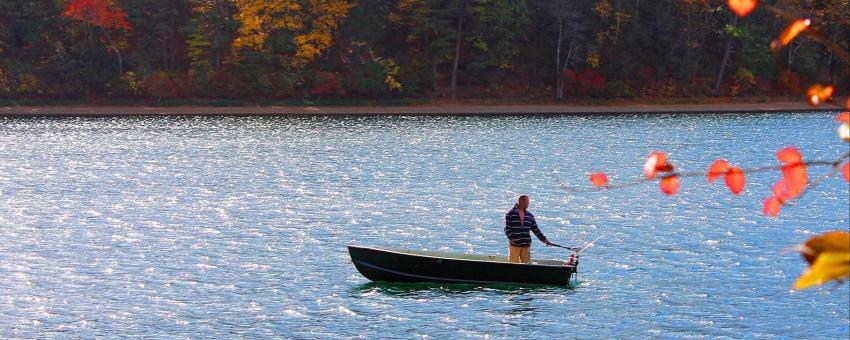 North side of Walden Pond, near the spot where Henry David Thoreau lived in the woods to prove that elaborate housing was not necessary.
