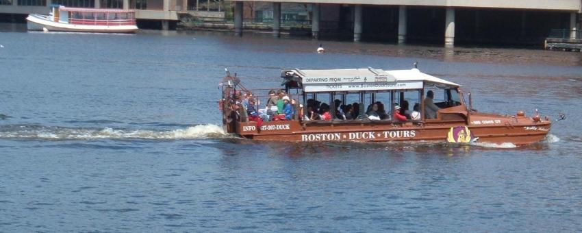 A Duck Boat tour in the Charles River Basin near the Boston Science museum.