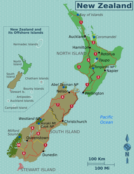 Map of New Zealand, showing regions, major cities and other destinations. English version.