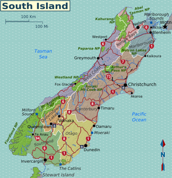 English Wikivoyage-style map of the travel regions in New Zealand's South Island