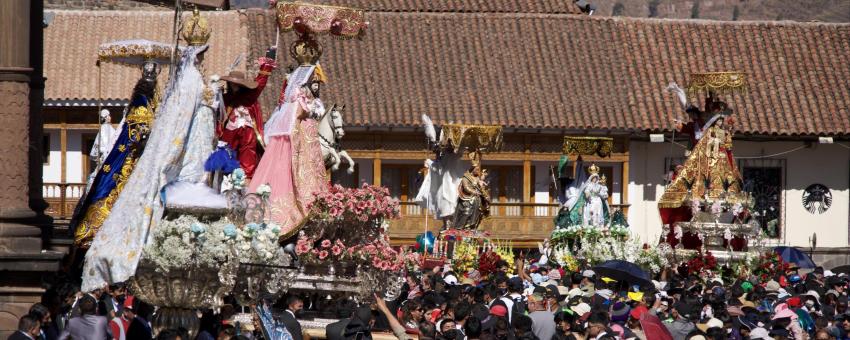Saints waiting for procession Corpus Christi Cusco