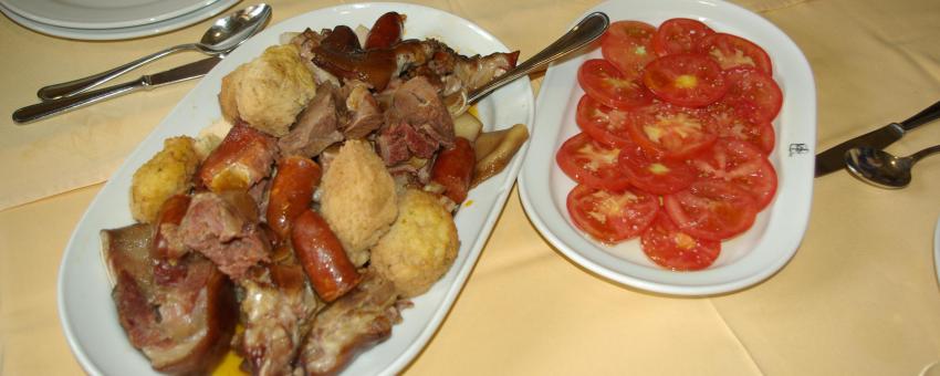 First dish of the traditional stew from Maragatería called "cocido maragato". Castrillo de los Polvazares (Astorga, Province of León, Spain).