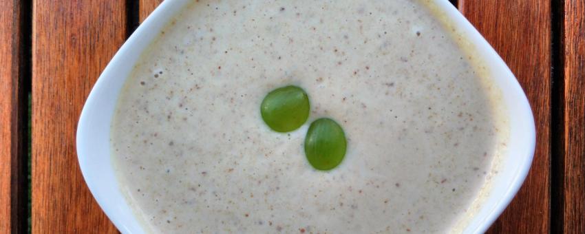 A bowl of ajo blanco - a cold soup of bread, garlic and almonds from Andalusia